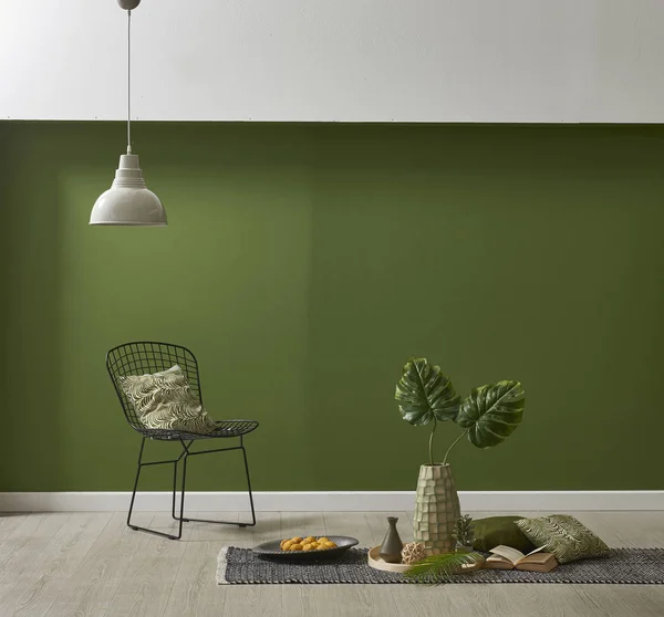 Moderno Papel Parede Verde Simular Decoração Interiores Com Plantas Livro — Fotografia de Stock