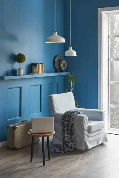 Mavi Oda Oturma Odası Lamba Koltuklu Modern Lüks Oturma Odası — Stok fotoğraf