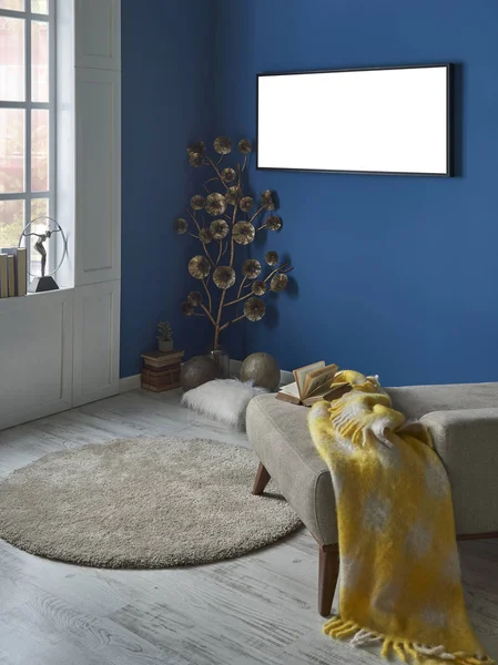 blue wall empty living room with and living area, interior design with chair