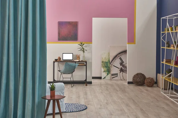Pink  room, interior home decoration with laptop , modern room