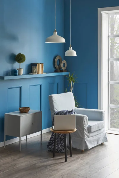blue room living room interior. Modern home with lamp  and armchair. luxury living room corner style.