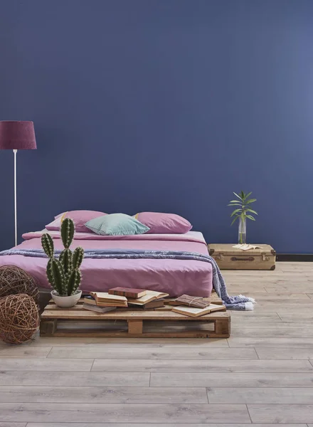 bed room interior with pink bed . Pallet detail new style bed