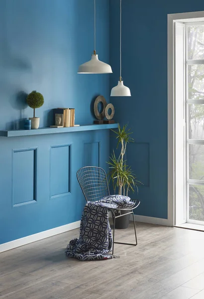 Interiér Obývacího Pokoje Modrém Pokoji Moderní Domov Svítilnou Židlí Styl — Stock fotografie