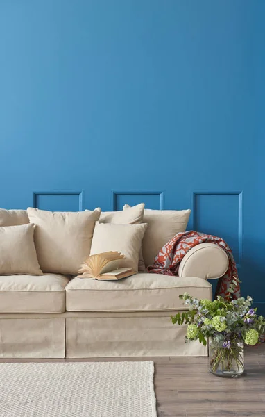 Розкішна Вітальня Кутовий Синій Деталі Фон Декоративна Концепція Меблів Дому — стокове фото