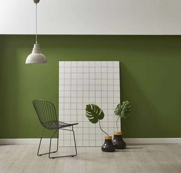 现代绿色壁纸和模拟室内装饰与植物和椅子 — 图库照片