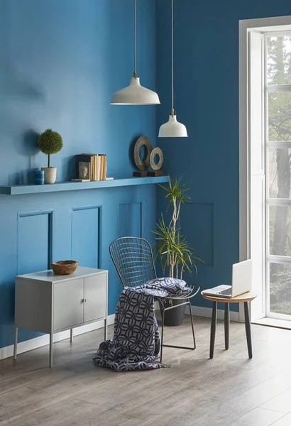 Sala Azul Sala Estar Interior Casa Moderna Com Lâmpada Cadeira — Fotografia de Stock