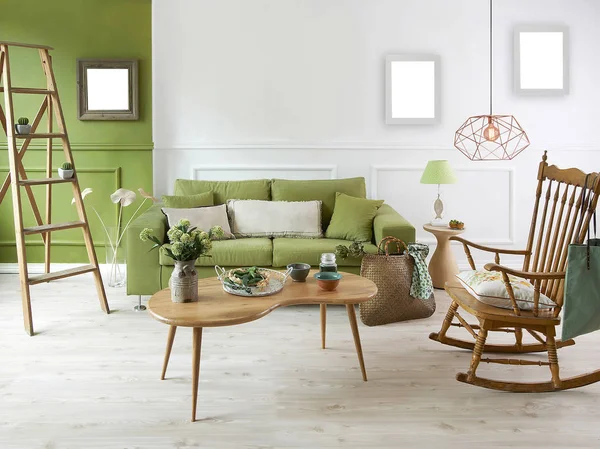 Neue Naturholzmöbel Weißes Wanddekor Moderne Lampe Und Rahmen — Stockfoto