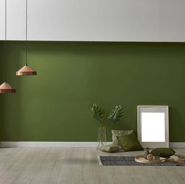 Moderno Papel Parede Verde Mock Decoração Interiores Com Planta Verde — Fotografia de Stock