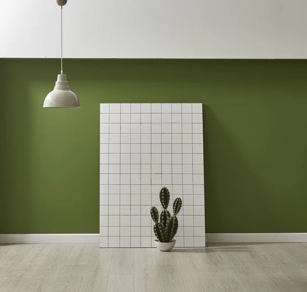 Moderne Fond Écran Vert Maquette Décoration Intérieure Avec Cactus — Photo