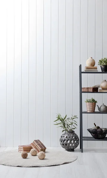 自然な白い木製の壁 垂直スタイルの後ろの新しい近代的な棚 — ストック写真