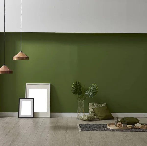 Moderno Papel Parede Verde Simular Decoração Interiores Com Plantas Molduras — Fotografia de Stock