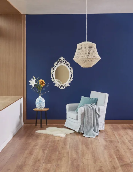 Sala Estar Azul Decoração Interiores Com Poltrona Casa Moderna — Fotografia de Stock