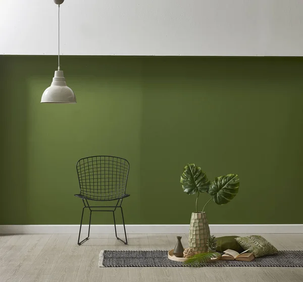 Moderno Papel Parede Verde Mock Decoração Interiores Com Plantas Cadeira — Fotografia de Stock