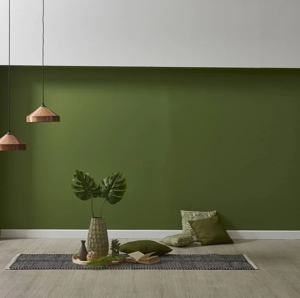 现代绿色壁纸和模拟室内装饰与植物 — 图库照片