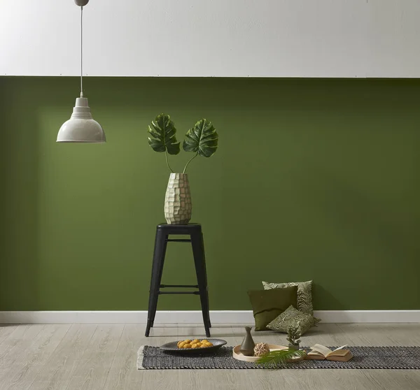 Moderno Papel Parede Verde Simular Decoração Interiores Com Plantas Livro — Fotografia de Stock