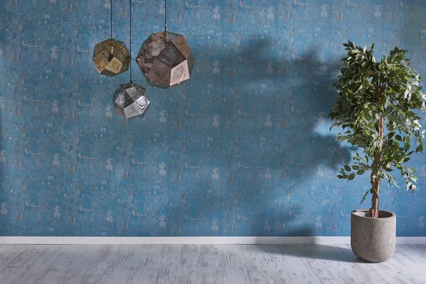 Chambre Vide Luxe Avec Lampes Plante Verte Dans Chambre Bleue — Photo