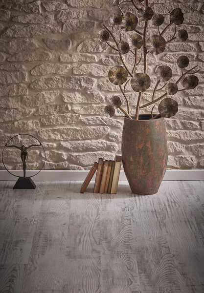 Steinmauer Mit Vase Innenarchitektur — Stockfoto