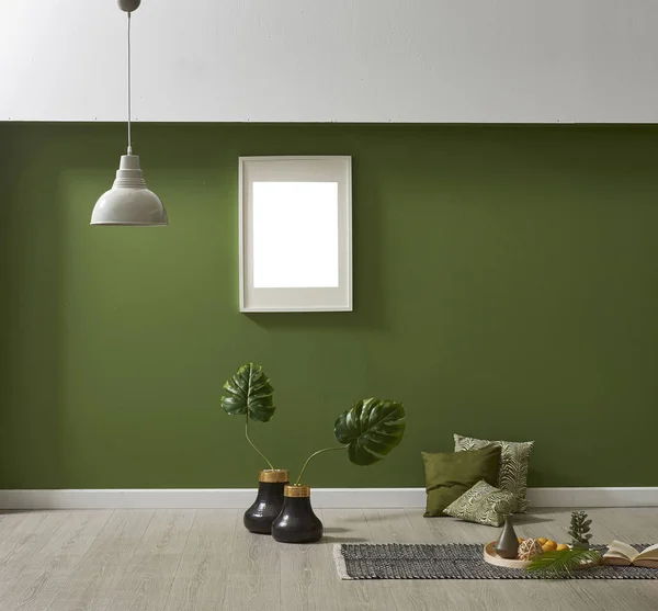 Moderno Papel Parede Verde Simular Decoração Interiores Com Travesseiros Plantas — Fotografia de Stock