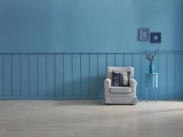 Blue decorative wall, background, parquet detail with vase and chair. Home decoration wall and background style.