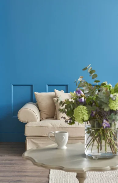 Luxo Sala Estar Canto Azul Detalhes Fundo Casa Mobiliário Decorativo — Fotografia de Stock