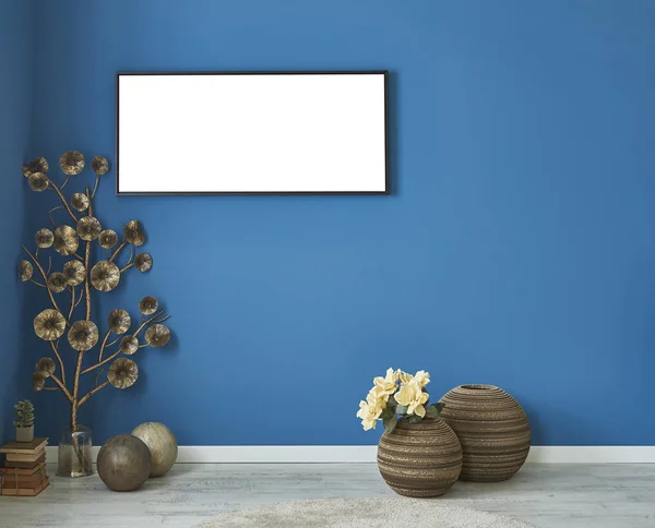 blue wall empty living room with and living area, interior design decorative accessories