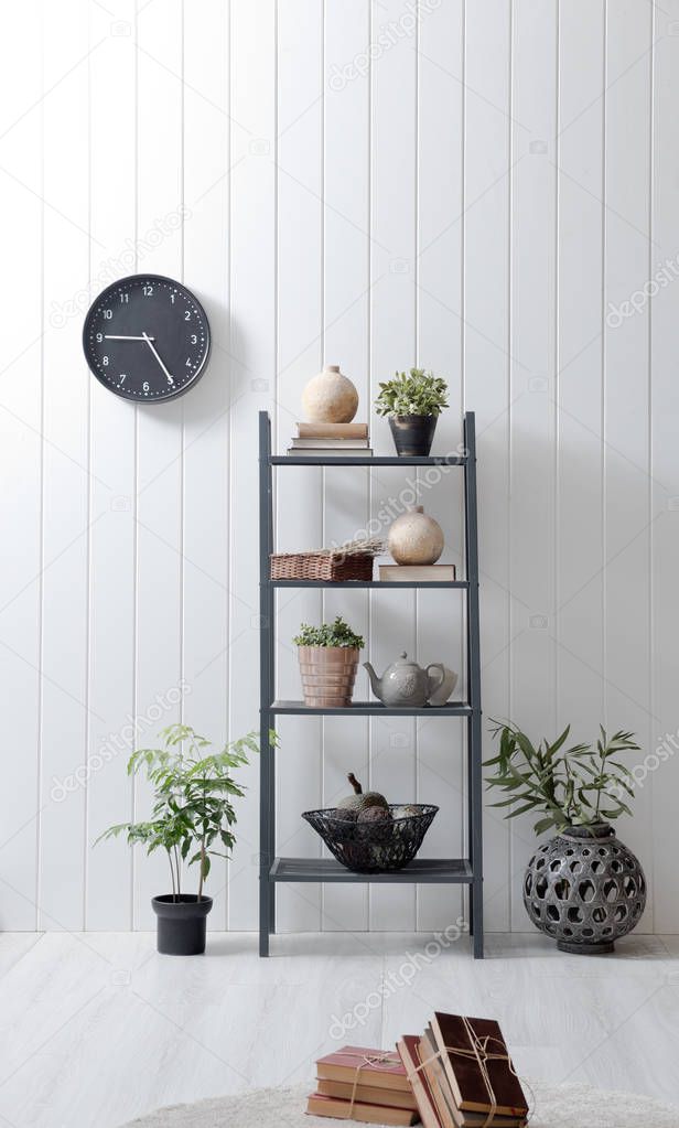 new modern shelf behind natural white wooden wall ,vertical style 