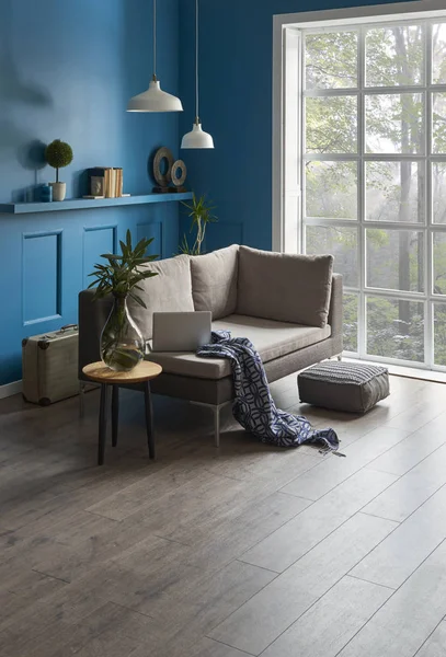Kék Szoba Lakóhelyiség Belsejében Modern Otthon Lámpával Fotel Luxus Nappali — Stock Fotó