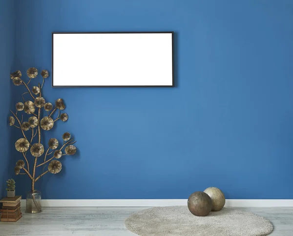 blue wall empty living room with and living area, interior design decorative accessories