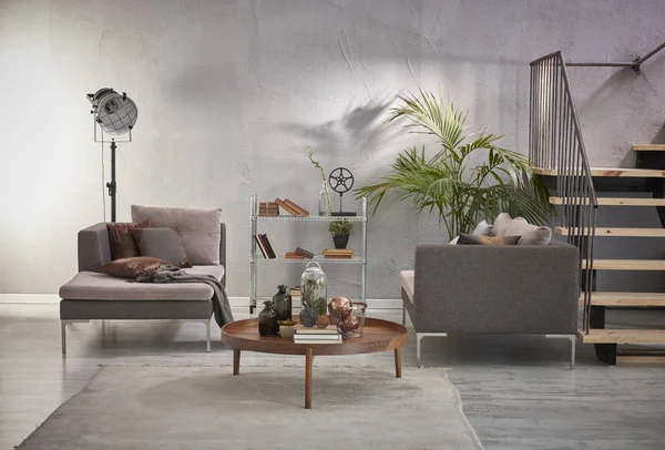 Grijze Stenen Muur Luxe Woonkamer Sofa Interior Design — Stockfoto
