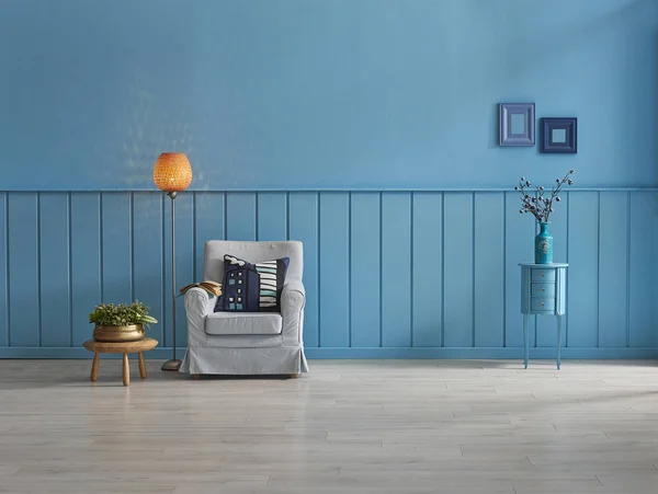 Blue decorative wall, background, parquet detail with vase. Home decoration wall and background style.