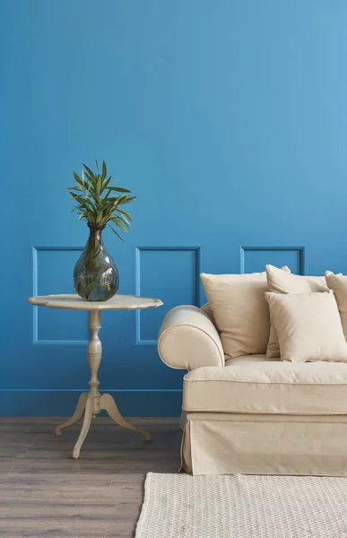 luxury living room corner and blue details background ,home furniture decorative concept.