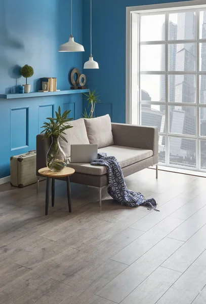 Azul Sala Estar Interior Moderna Casa Con Lámpara Sillón Lujo — Foto de Stock