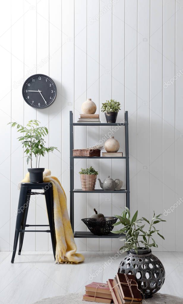 new modern shelf with vases in  modern interior 