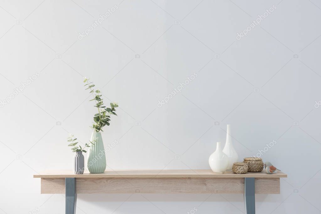 Modern home wood shelf  with vases