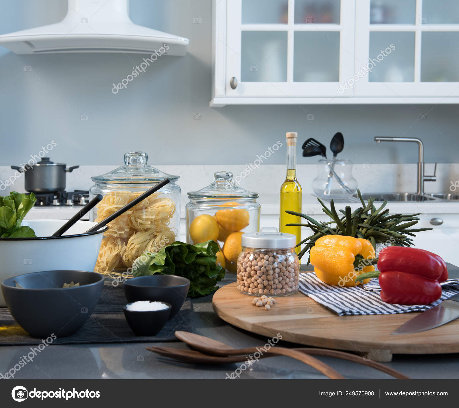 Background White Table Modern Kitchen Accessories Interior Design Stock Photo Image By C Unitedphotostudio 249570908