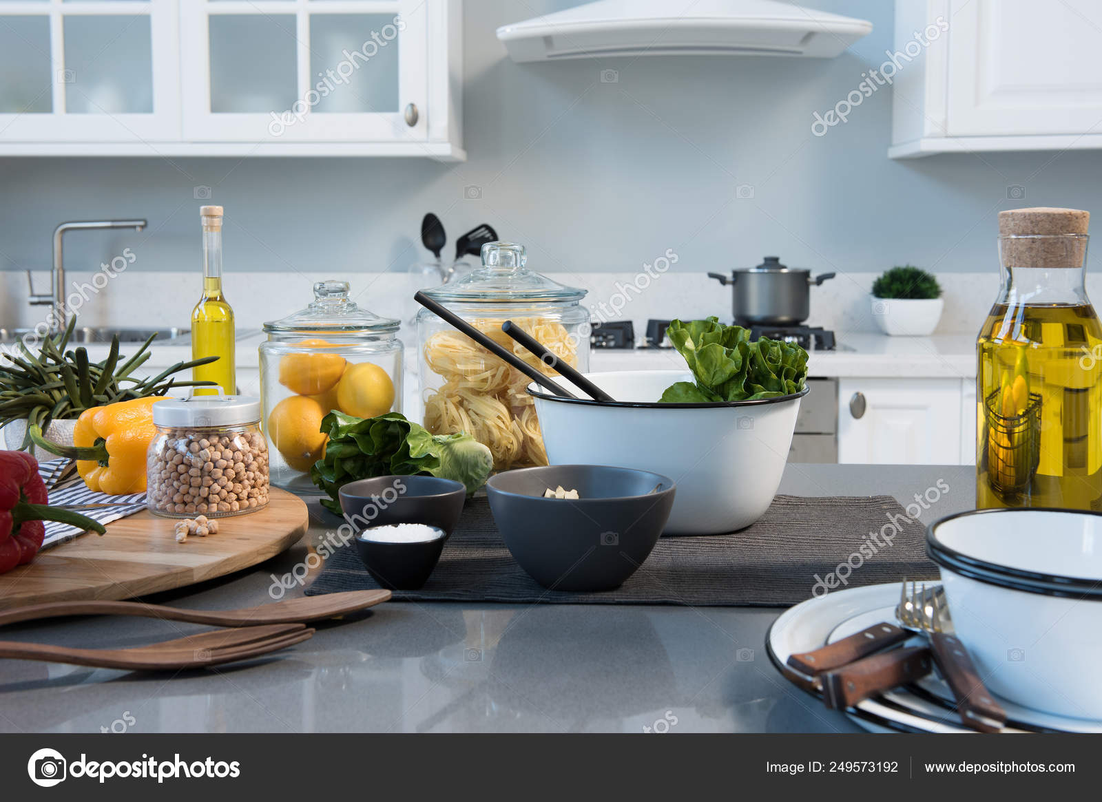 Background White Table Modern Kitchen Accessories Interior Design Stock Photo By C Unitedphotostudio 249573192