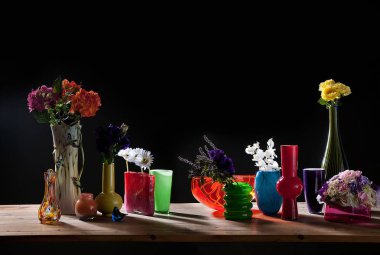 Birçok farklı bitki vazosu natürmort.