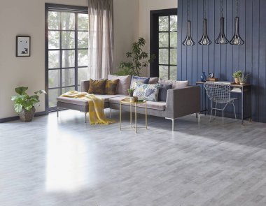 Modern oturma odası ve kanepeli gri duvar. 