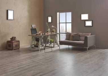 Kahverengi ofis çalışma odası ahşap mobilyalar.