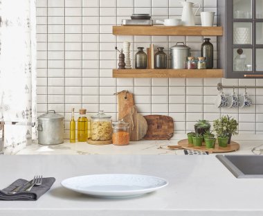 Modern mutfak aksesuarları, iç tasarım ile tablo ile Modern arka plan