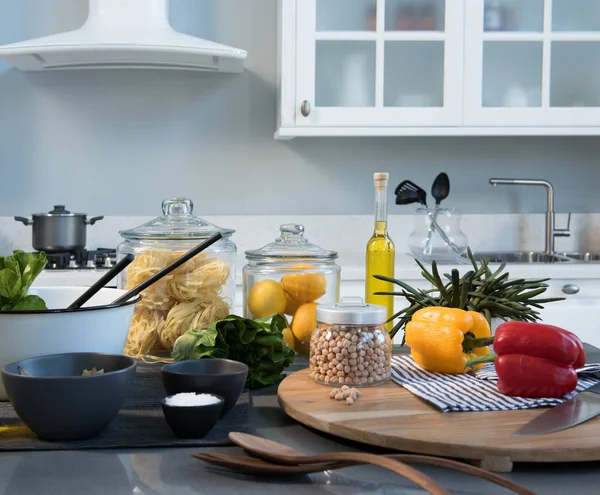 Background White Table Modern Kitchen Accessories Interior Design — Stock Photo, Image