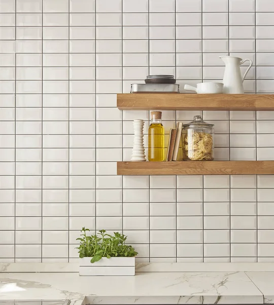 Wit Marmeren Aanrecht Messing Hardware Moderne Keuken — Stockfoto