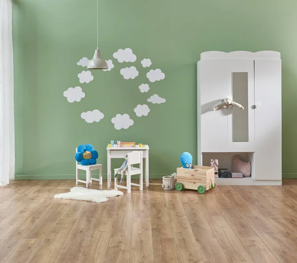 Mur Chambre Bébé Vert Style Nuage Avec Jouet Chaise Style — Photo