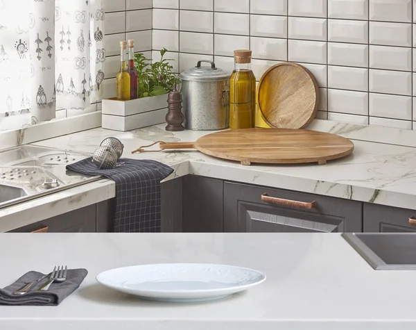 Interior Design Clean Modern White Gray Kitchen Chopping Board — Stock Photo, Image
