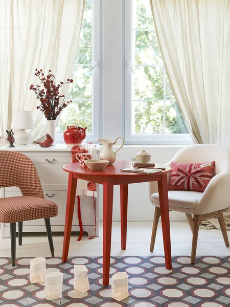 Decorative dinning room still life interior with table and chair set.