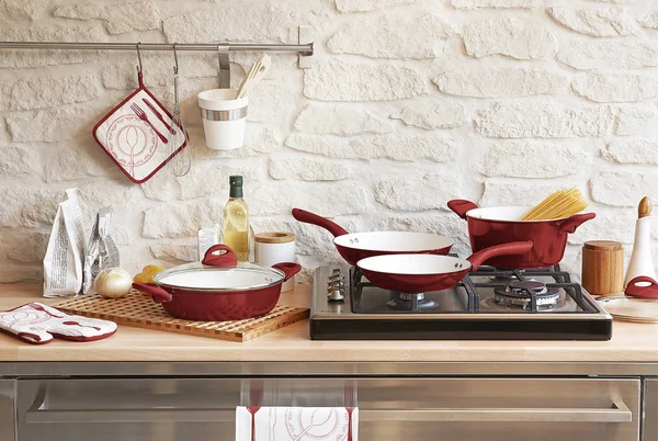 Fondo Mesa Blanca Con Accesorios Cocina Modernos Diseño Interiores —  Fotos de Stock