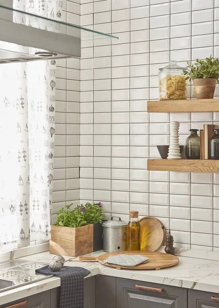 Wit Marmeren Aanwerk Blad Moderne Keuken — Stockfoto