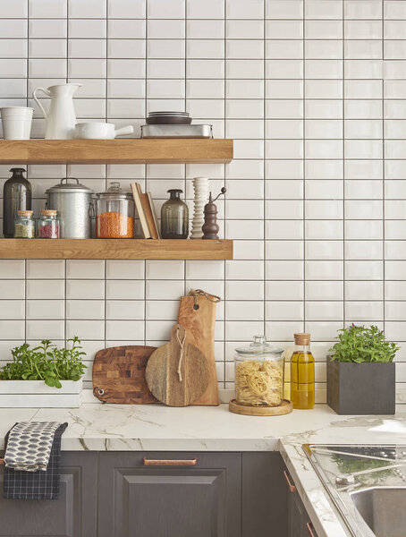 collection of different ceramics complement a patterned tiles. For more inspiration. modern kitchenware new concept 