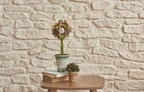 Ziegelwand Hause Tanne Ornament Und Accessoire Stil Buch Vase Von — Stockfoto