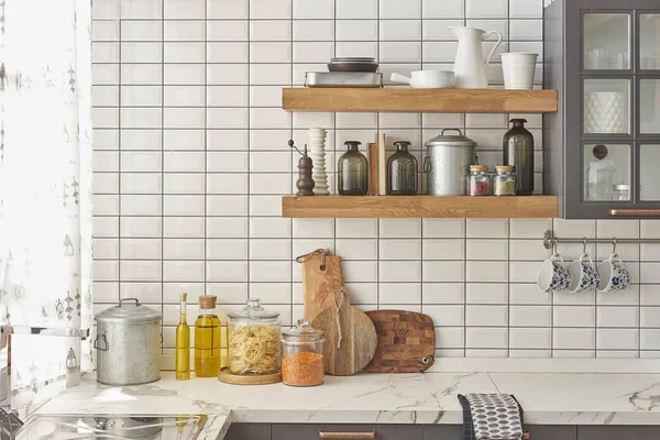 Wit Marmeren Aanwerk Blad Moderne Keuken — Stockfoto